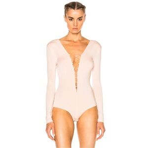 T by Alexander Wang Long Sleeve Plunge Lace Up Bodysuit In Blush.